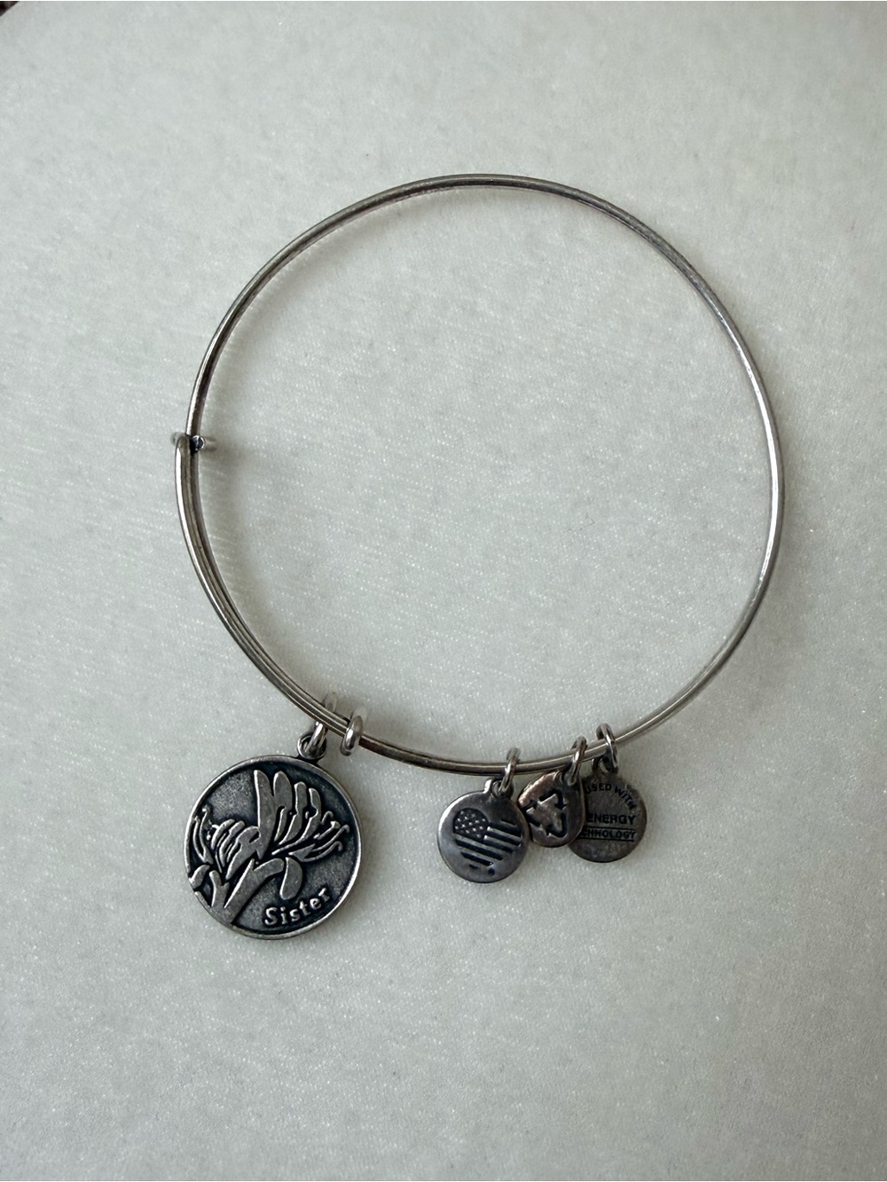 Alex and Ani Sister Floral Charm Expandable Bangle Bracelet Silver Tone